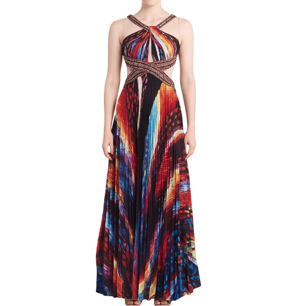 🔥 💎 Samila Maxi Dress – Multi-Color Beaded Cut-Out Gown Size 1/2 Adult Size XS/S